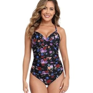 Halcurt Womens Polyester One Piece Swimsuit Tummy Control Floral M(8-10) Black